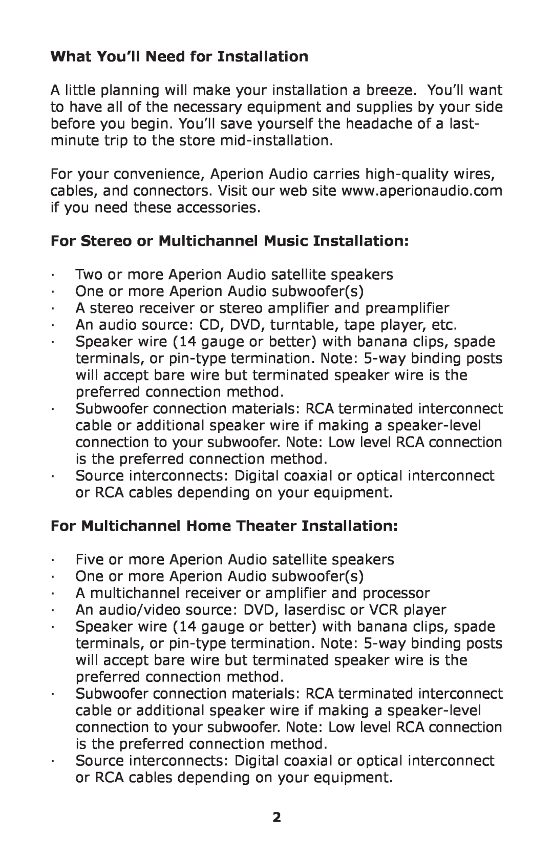 Aperion Audio SW-12, SW8-APR owner manual What You’ll Need for Installation, For Stereo or Multichannel Music Installation 