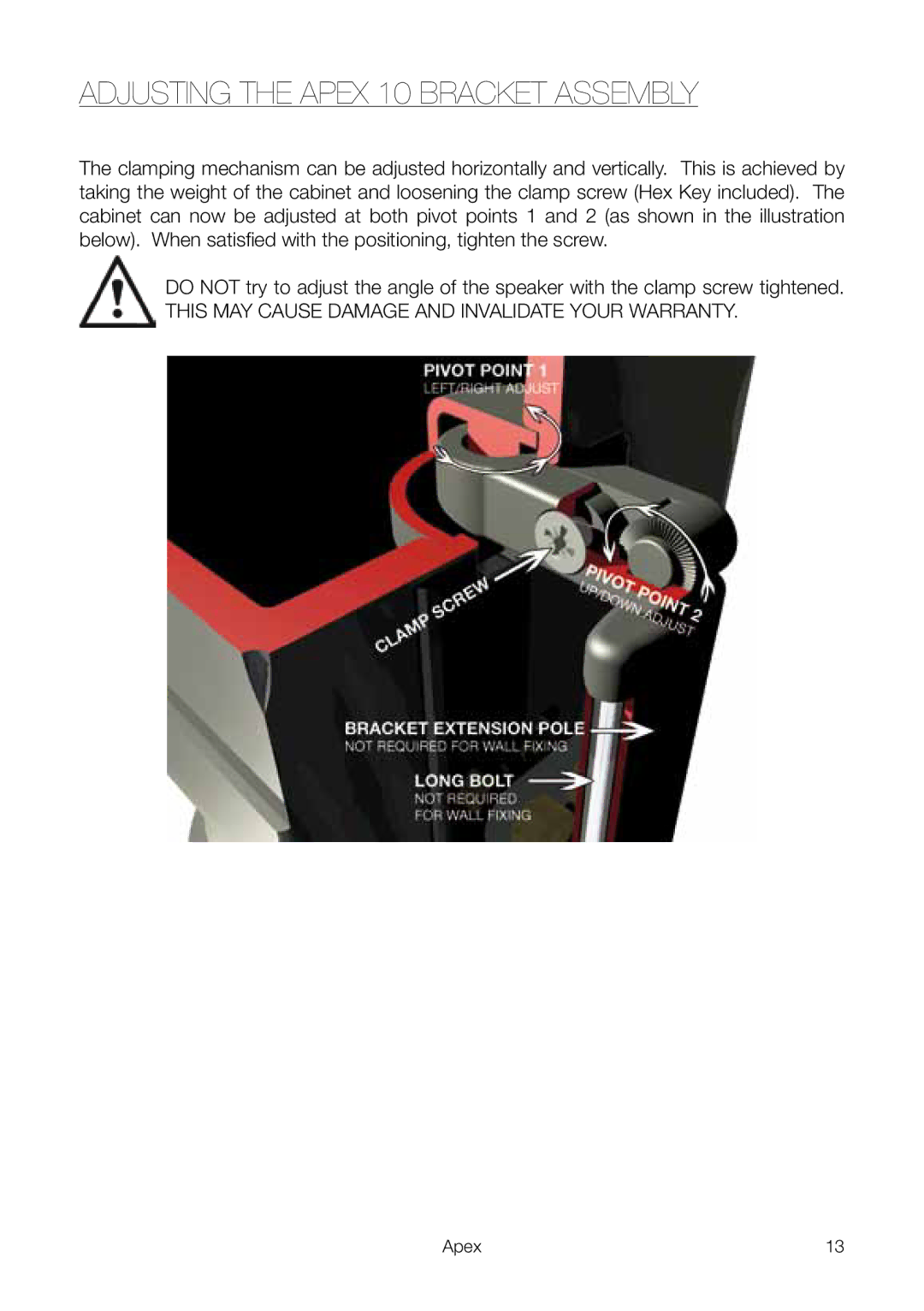 Apex Digital owner manual Adjusting the Apex 10 bracket assembly 