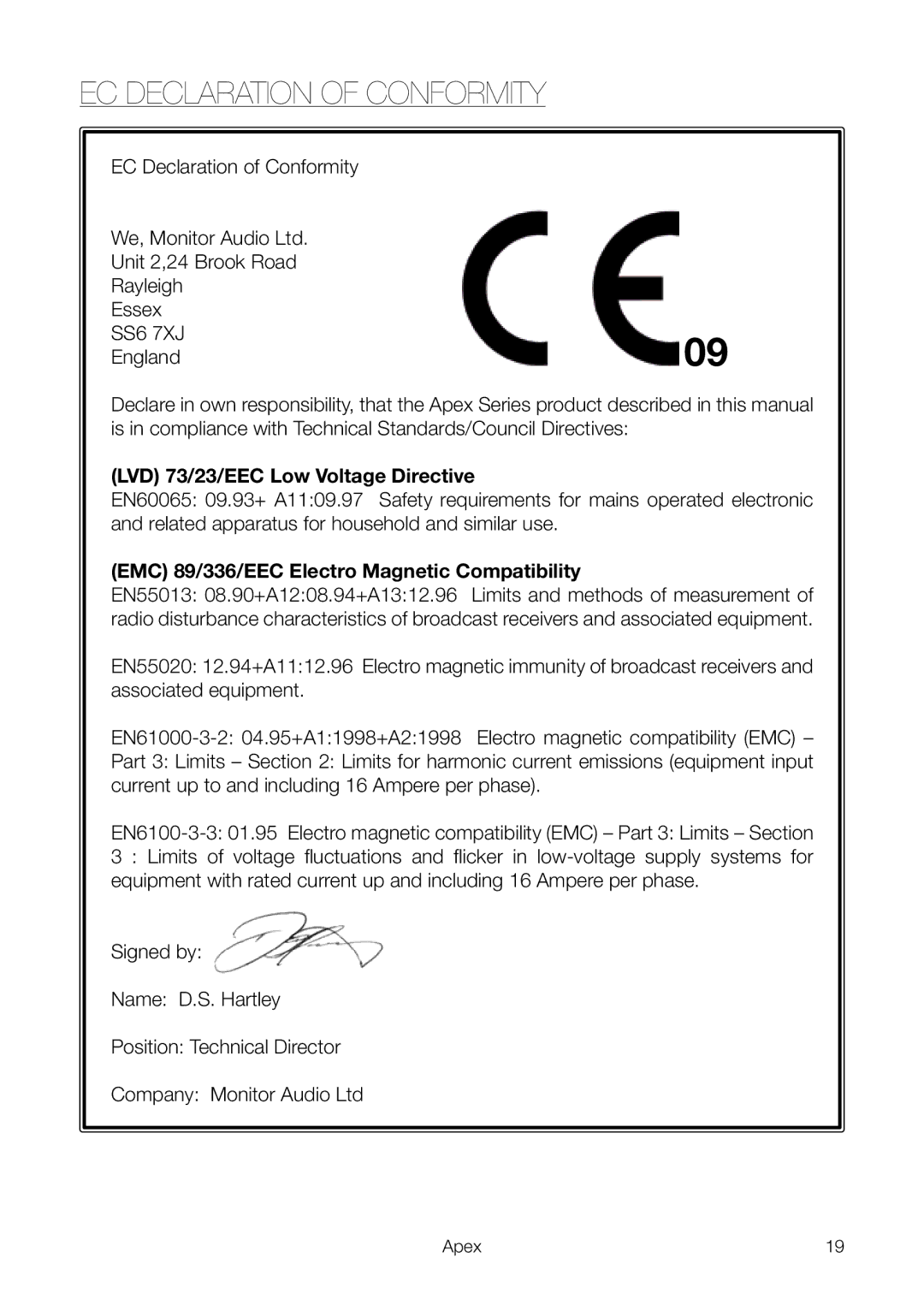 Apex Digital 10 owner manual EC Declaration of Conformity, LVD 73/23/EEC Low Voltage Directive 