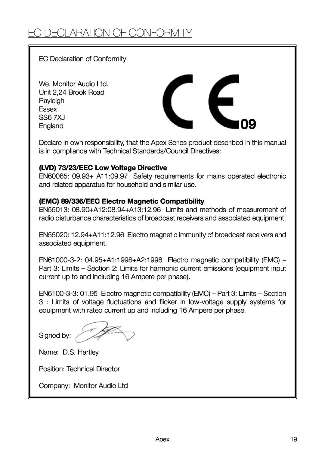 Apex Digital 10 owner manual EC Declaration of Conformity, LVD 73/23/EEC Low Voltage Directive 