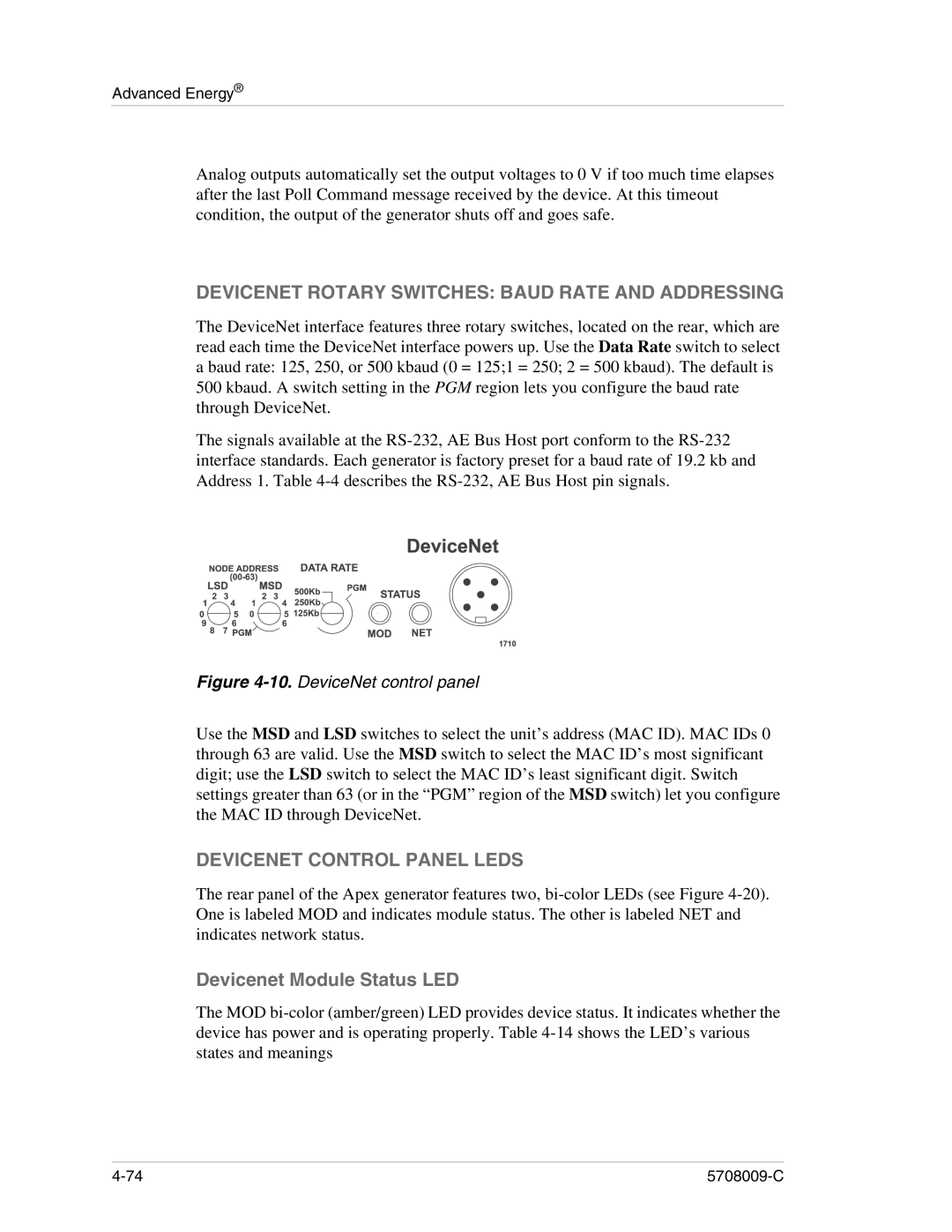 Apex Digital 5708009-C manual Devicenet Rotary Switches Baud Rate and Addressing, Devicenet Control Panel Leds 