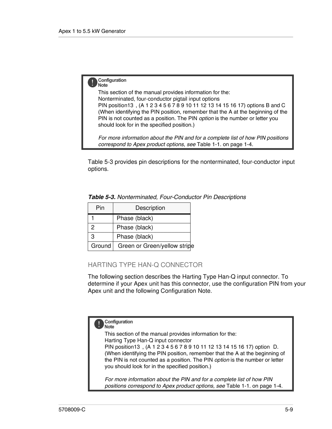 Apex Digital 5708009-C manual Harting Type HAN-Q Connector, Nonterminated, four-conductor pigtail input options 