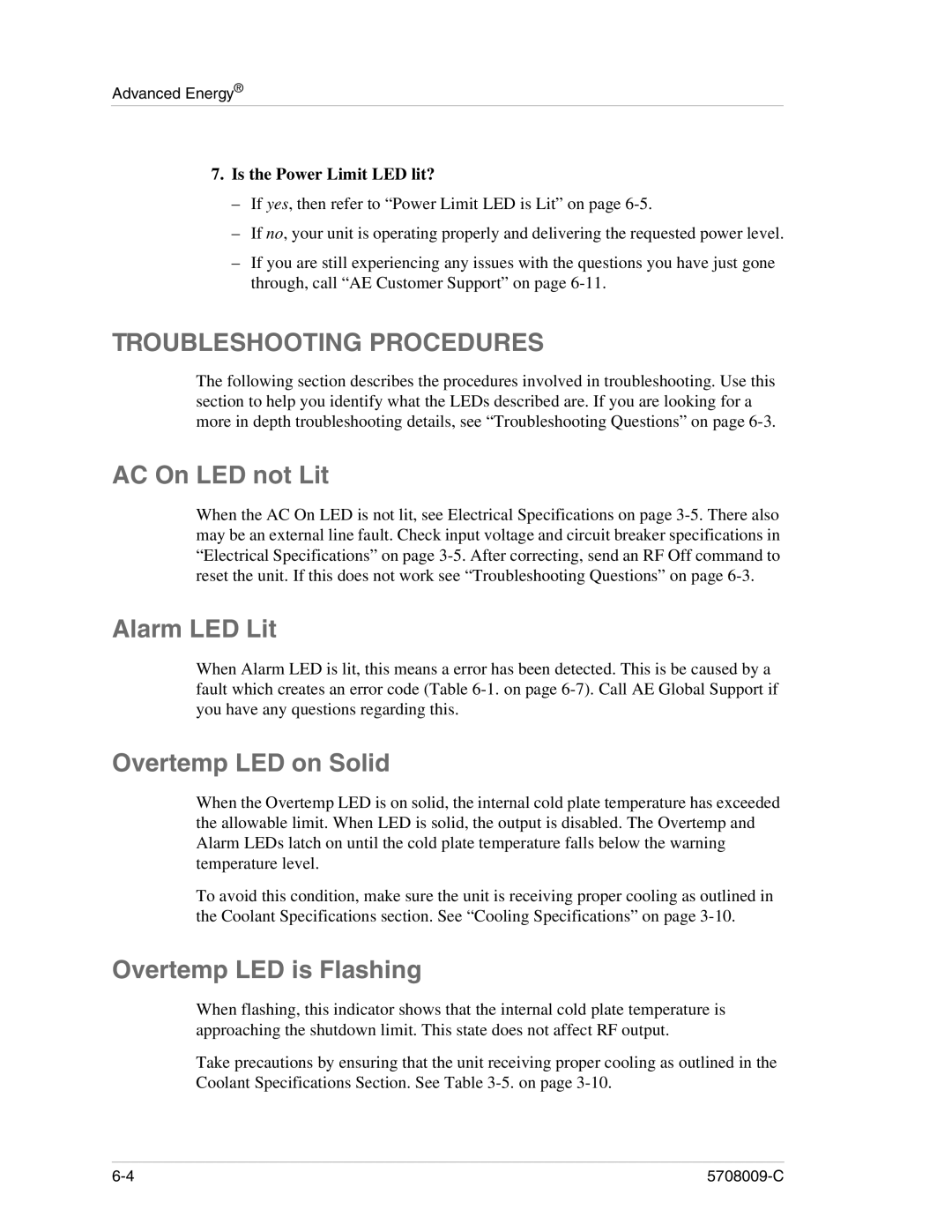 Apex Digital 5708009-C manual Troubleshooting Procedures, AC On LED not Lit, Alarm LED Lit, Overtemp LED on Solid 