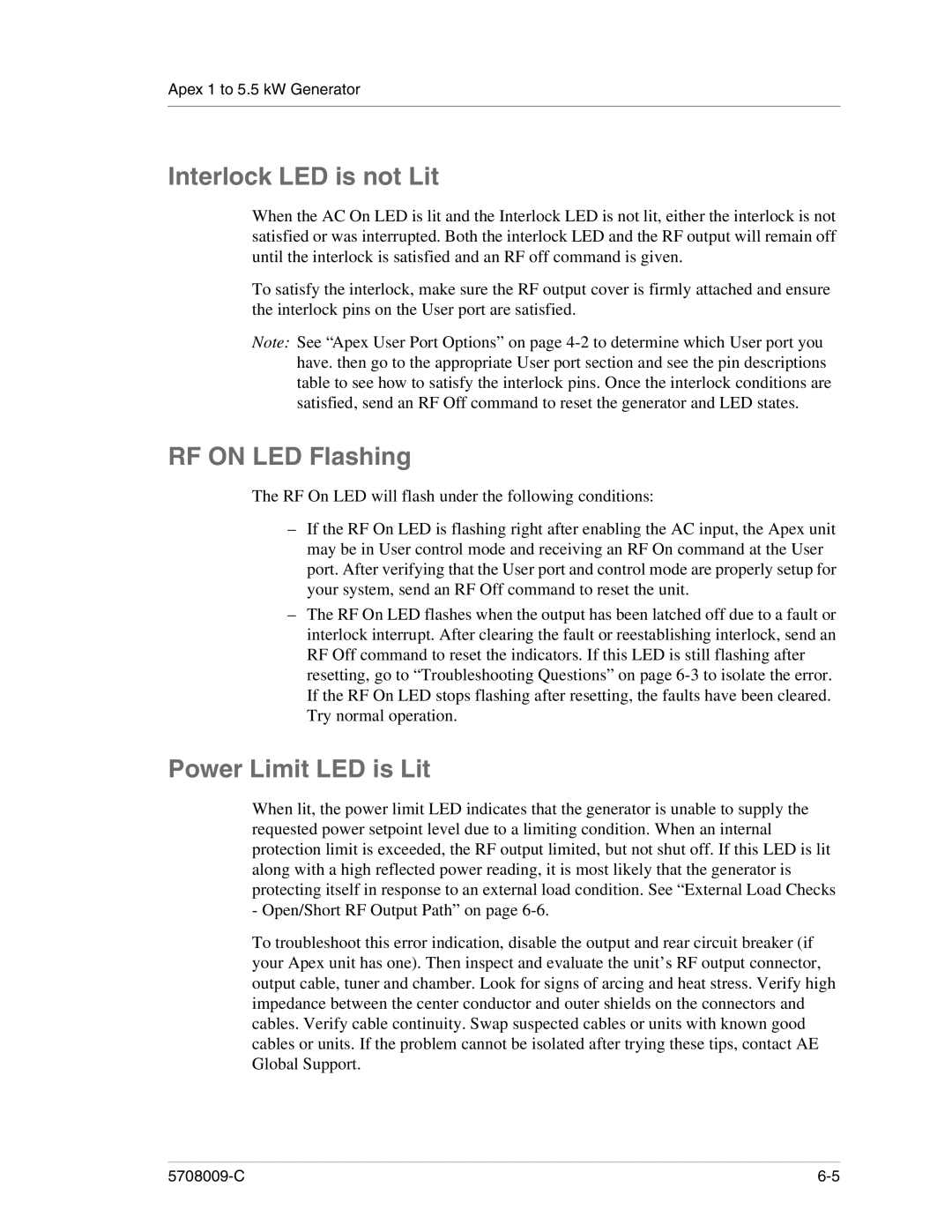 Apex Digital 5708009-C manual Interlock LED is not Lit, RF on LED Flashing, Power Limit LED is Lit 