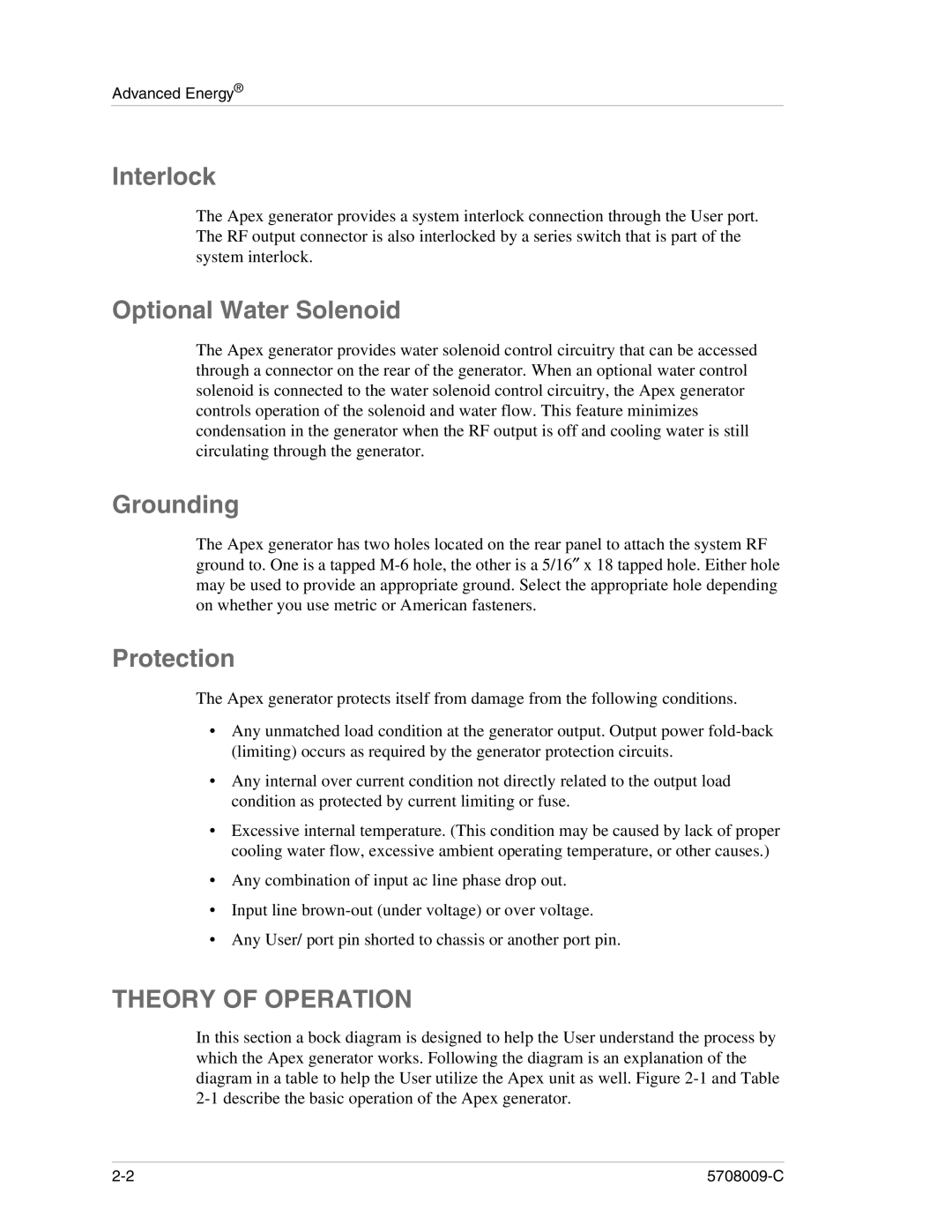 Apex Digital 5708009-C manual Interlock, Optional Water Solenoid, Grounding, Protection, Theory of Operation 