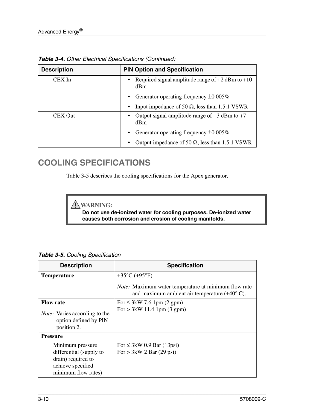 Apex Digital 5708009-C manual Cooling Specifications, Description Specification, Temperature, Flow rate, Pressure 