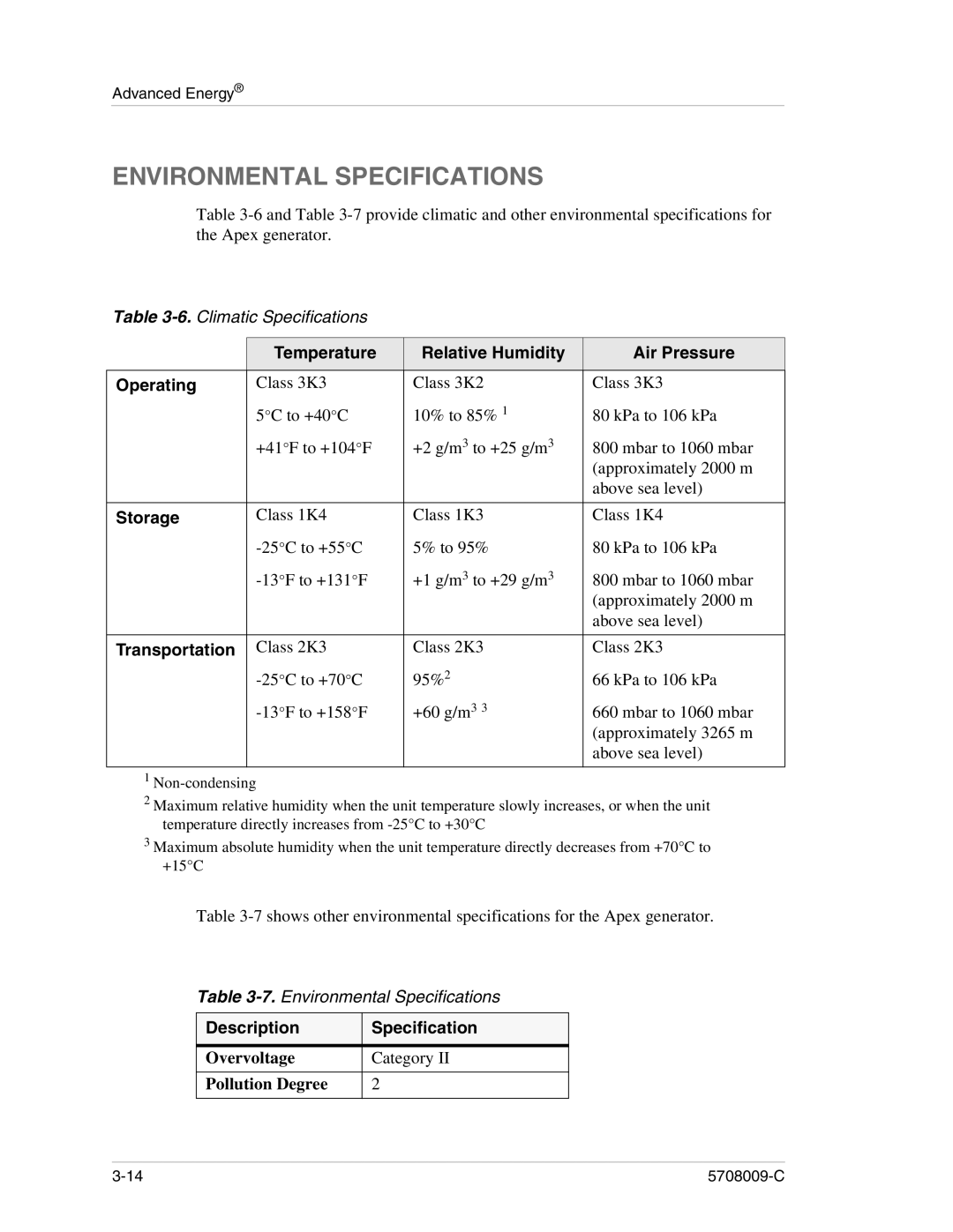 Apex Digital 5708009-C manual Environmental Specifications, Temperature Relative Humidity Air Pressure Operating, Storage 