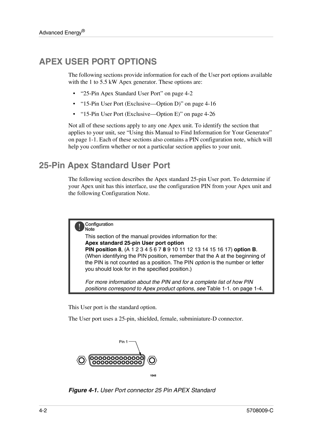 Apex Digital 5708009-C manual Apex User Port Options, Pin Apex Standard User Port 