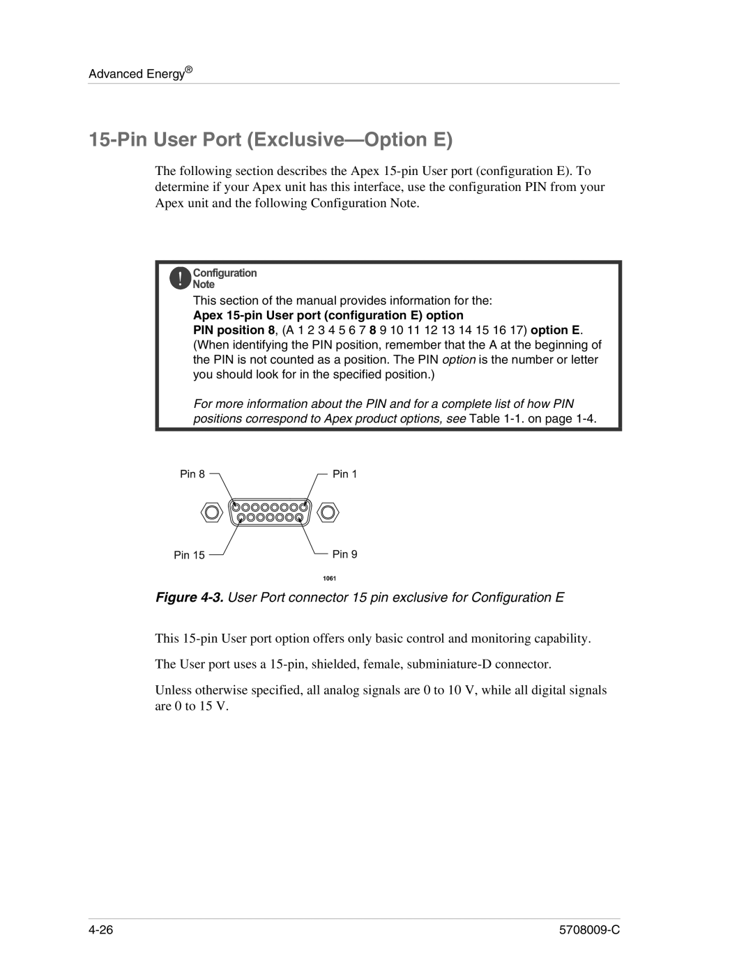 Apex Digital 5708009-C manual Pin User Port Exclusive-Option E, Apex 15-pin User port configuration E option 