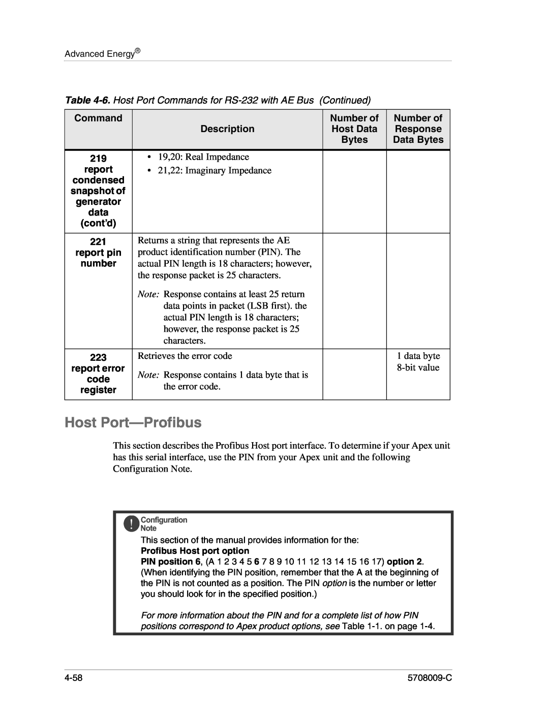 Apex Digital 5708009-C Host Port-Profibus, 6. Host Port Commands for RS-232 with AE Bus Continued, snapshot of, cont’d 