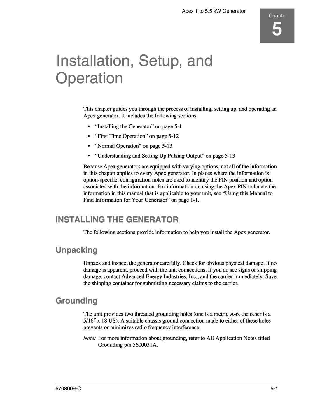 Apex Digital 5708009-C manual Installation, Setup, and Operation, Installing The Generator, Unpacking, Grounding 