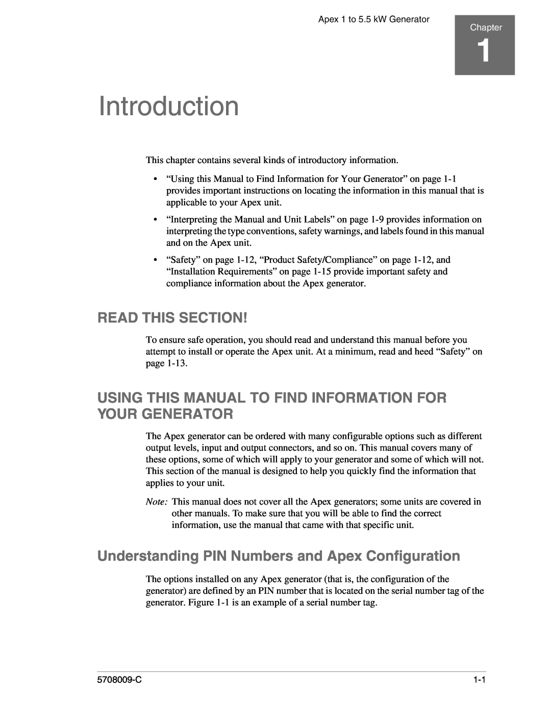 Apex Digital 5708009-C manual Introduction, Read This Section, Using This Manual To Find Information For Your Generator 