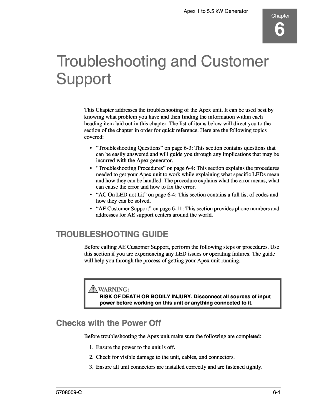 Apex Digital 5708009-C manual Troubleshooting and Customer Support, Troubleshooting Guide, Checks with the Power Off 