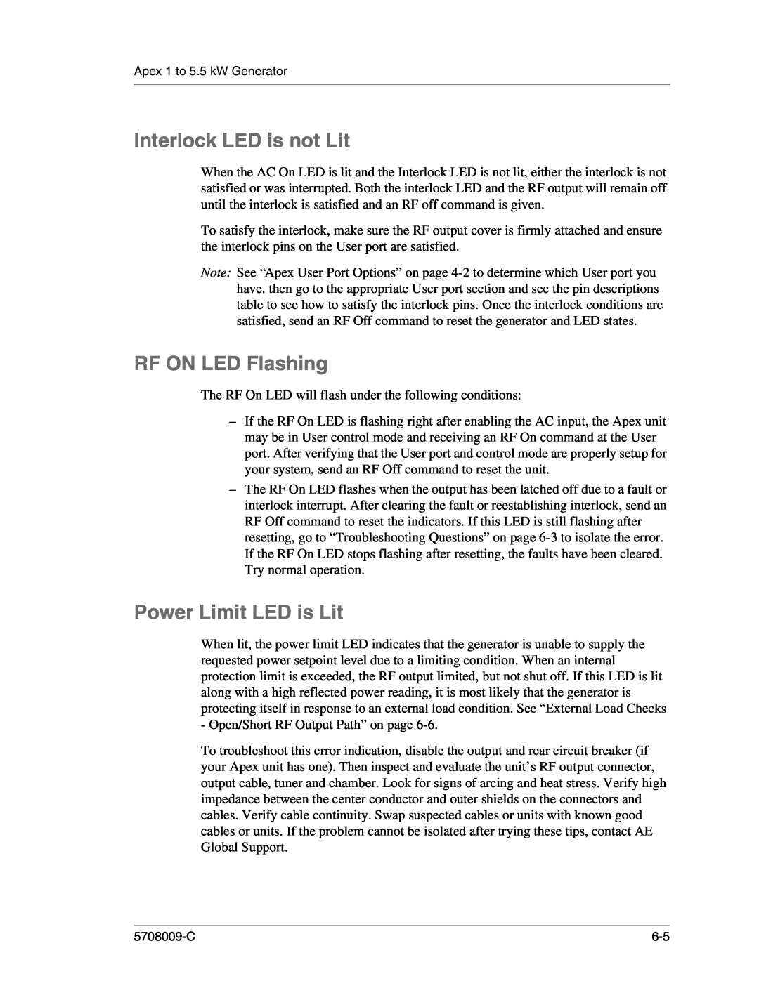 Apex Digital 5708009-C manual Interlock LED is not Lit, RF ON LED Flashing, Power Limit LED is Lit 