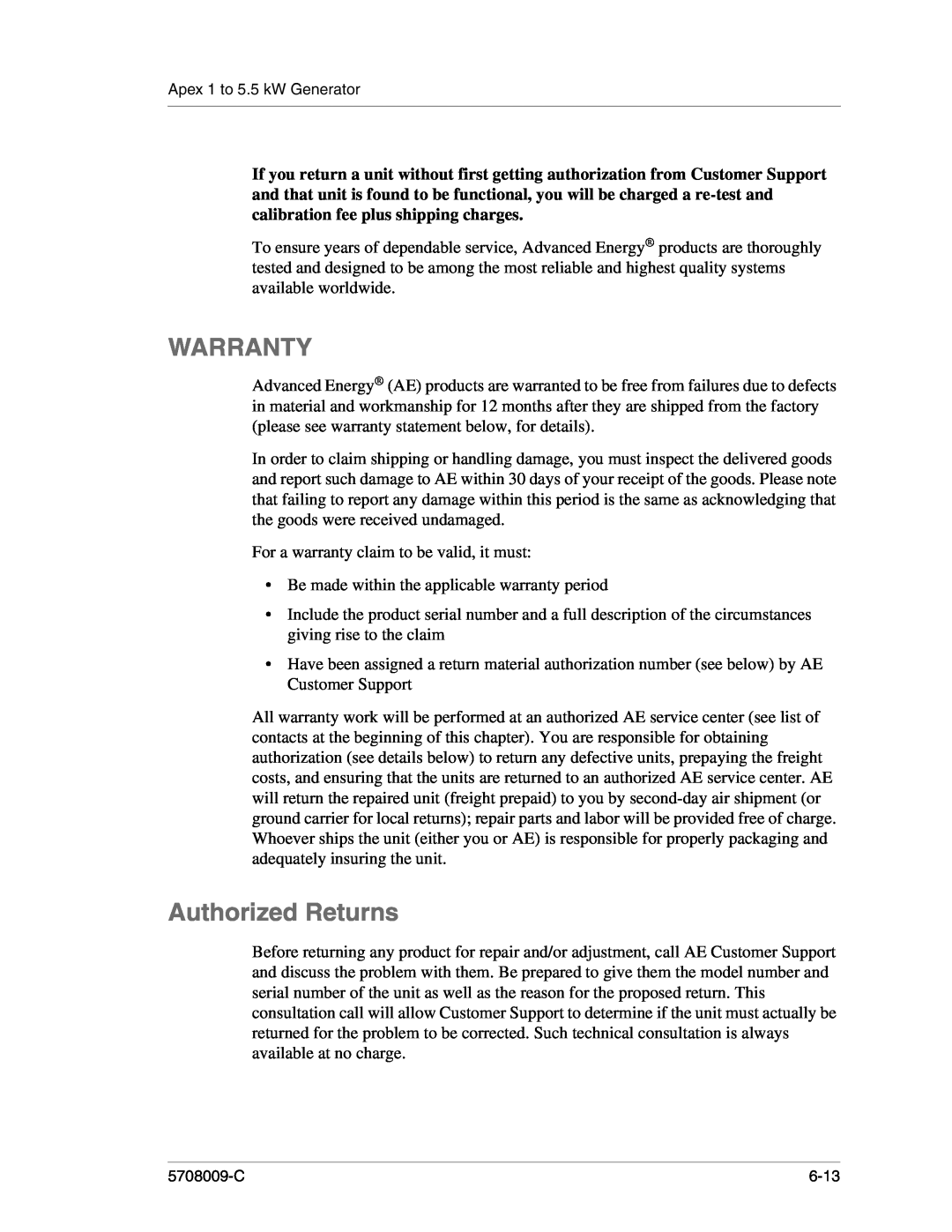 Apex Digital 5708009-C manual Warranty, Authorized Returns 