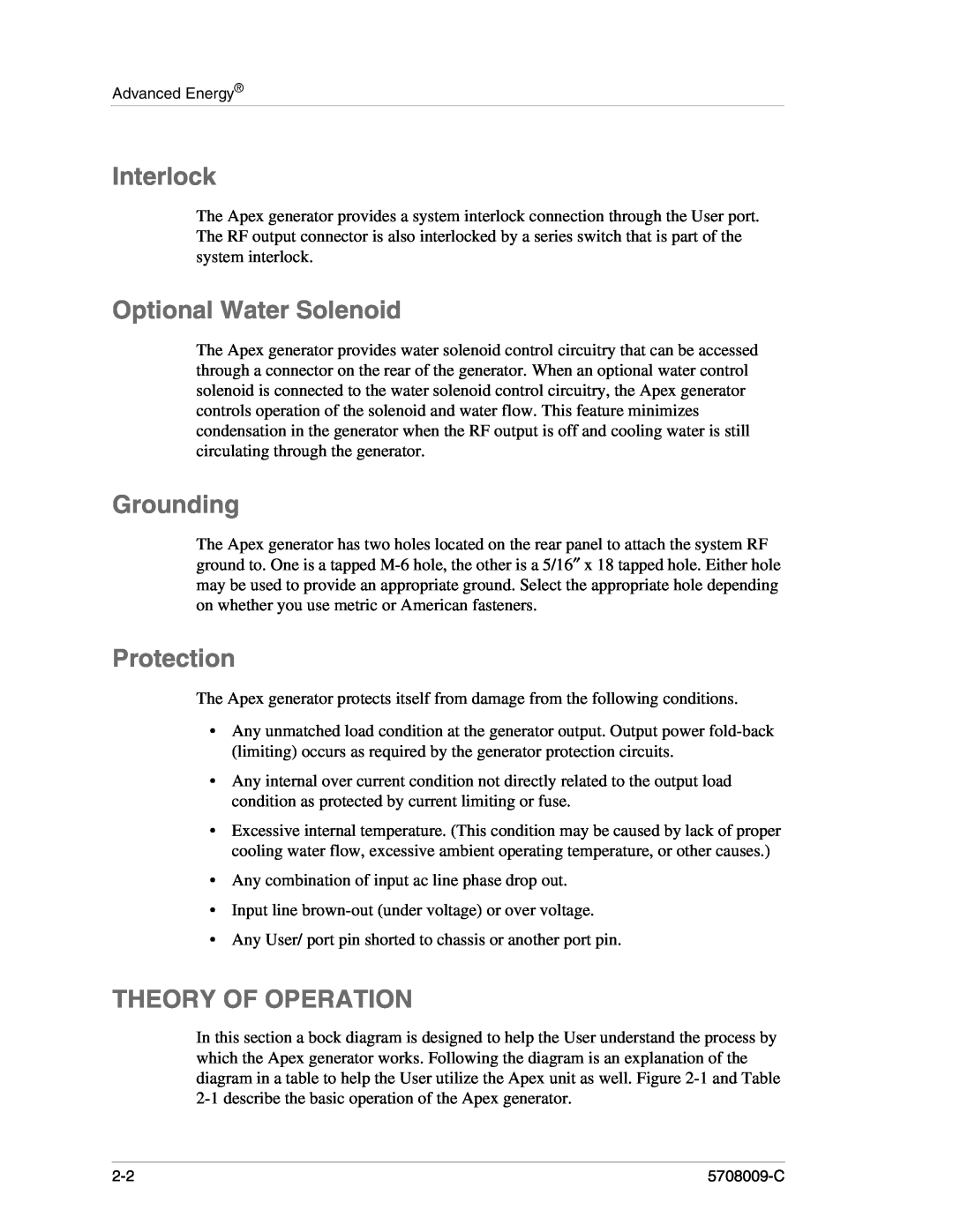 Apex Digital 5708009-C manual Interlock, Optional Water Solenoid, Grounding, Protection, Theory Of Operation 