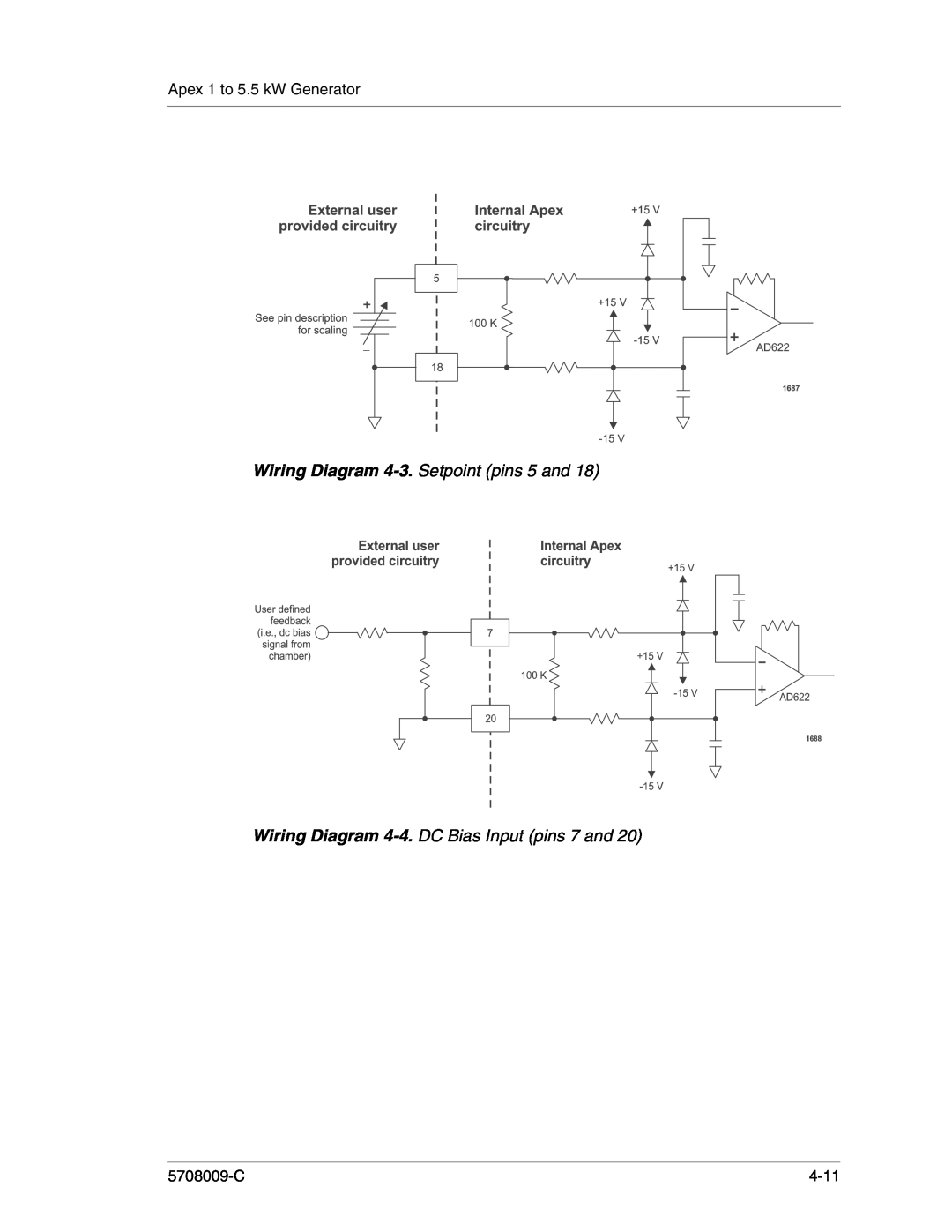 Apex Digital 5708009-C manual Wiring Diagram 4-3. Setpoint pins 5 and, Wiring Diagram 4-4. DC Bias Input pins 7 and, 4-11 