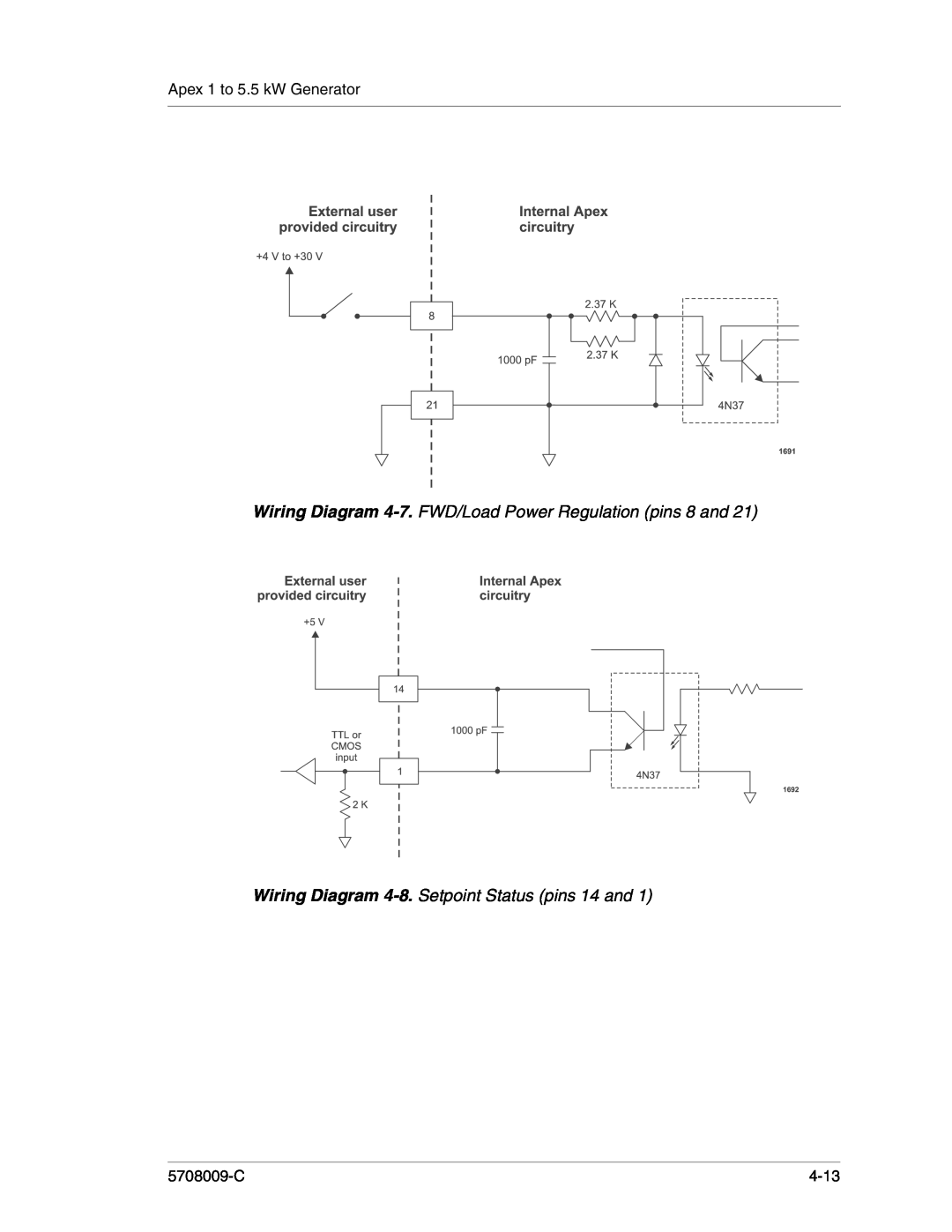 Apex Digital 5708009-C manual Wiring Diagram 4-7. FWD/Load Power Regulation pins 8 and, Apex 1 to 5.5 kW Generator, 4-13 