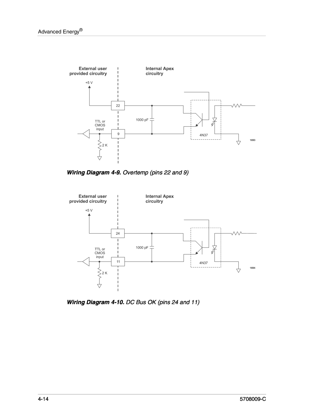 Apex Digital 5708009-C manual Wiring Diagram 4-9. Overtemp pins 22 and, Wiring Diagram 4-10. DC Bus OK pins 24 and, 4-14 