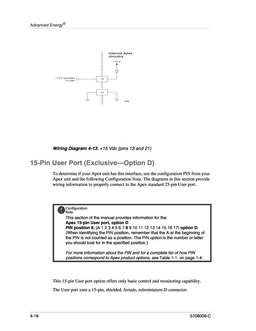 Apex Digital 5708009-C manual Pin User Port Exclusive-Option D, Wiring Diagram 4-13. +15 Vdc pins 13 and 