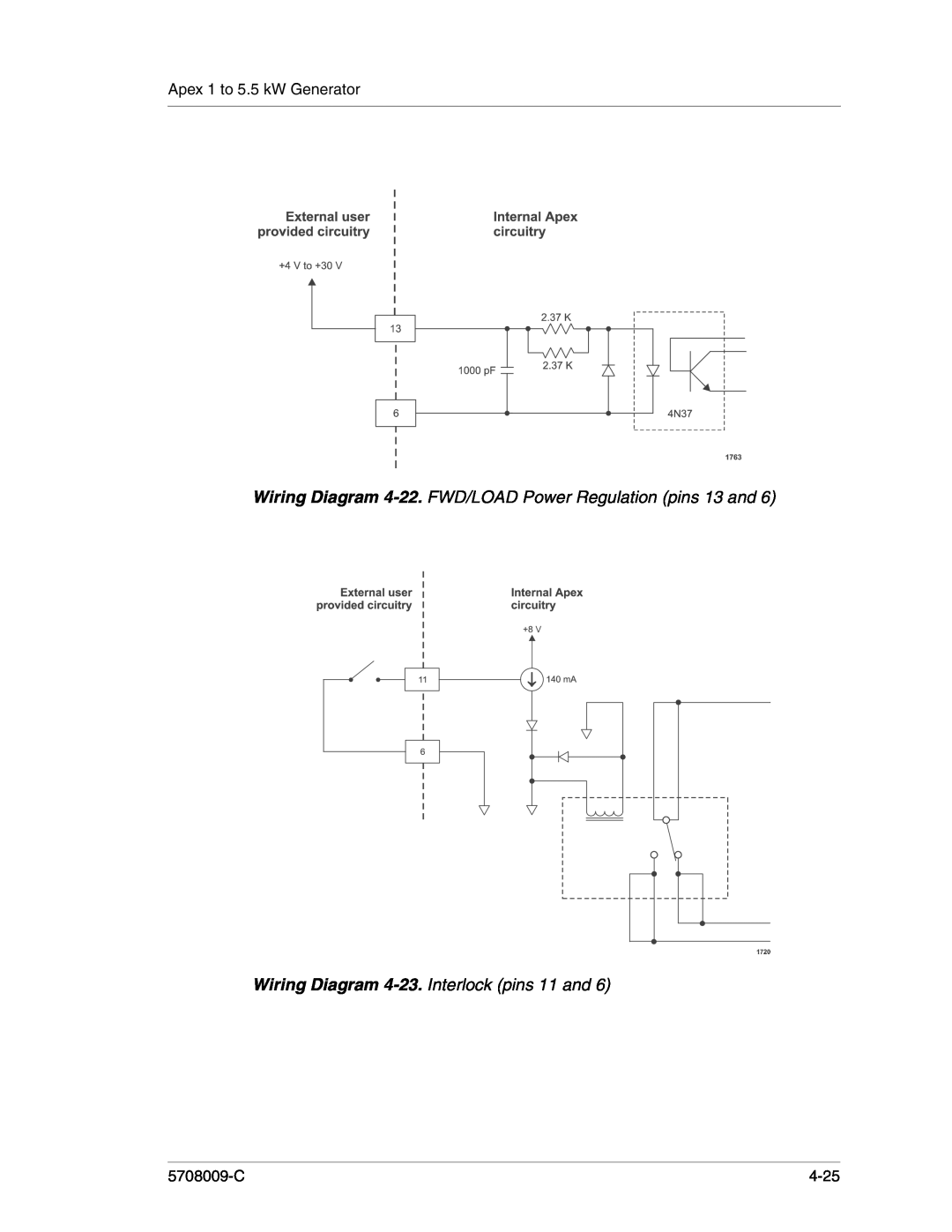 Apex Digital 5708009-C manual Wiring Diagram 4-22. FWD/LOAD Power Regulation pins 13 and, Apex 1 to 5.5 kW Generator, 4-25 