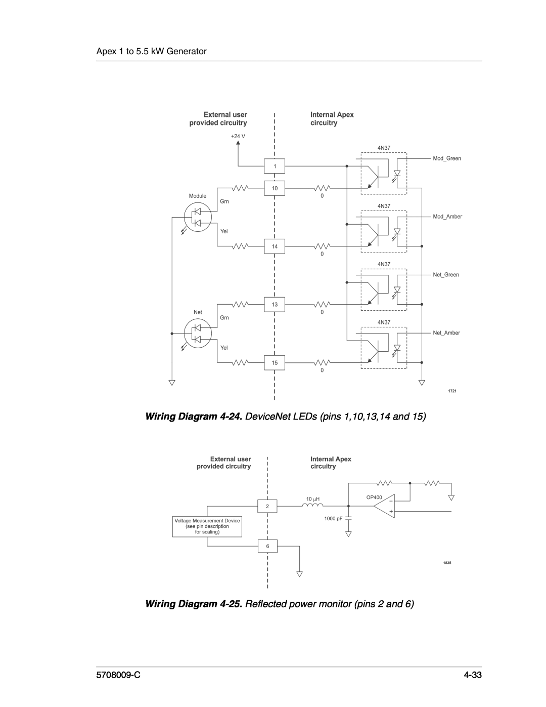 Apex Digital 5708009-C manual Wiring Diagram 4-24. DeviceNet LEDs pins 1,10,13,14 and, Apex 1 to 5.5 kW Generator, 4-33 