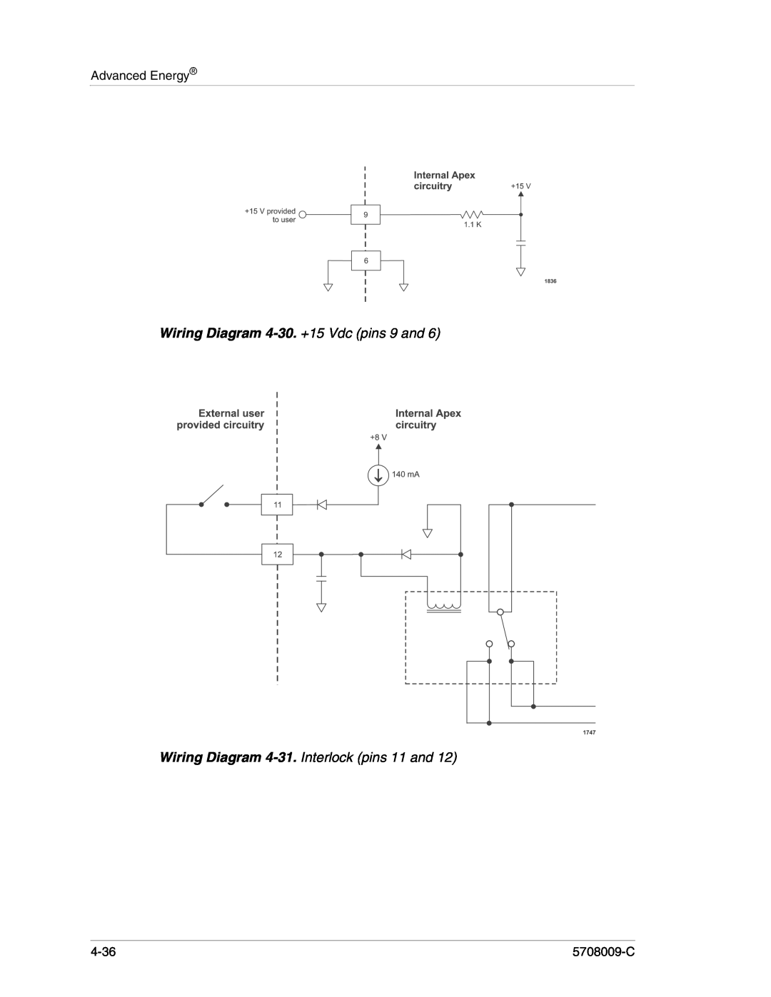 Apex Digital 5708009-C manual Wiring Diagram 4-30. +15 Vdc pins 9 and, Wiring Diagram 4-31. Interlock pins 11 and, 4-36 