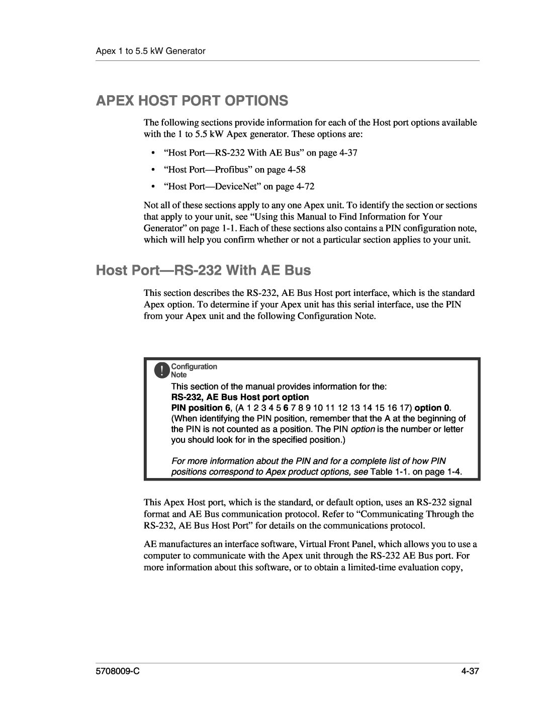Apex Digital 5708009-C manual Apex Host Port Options, Host Port-RS-232 With AE Bus, RS-232, AE Bus Host port option 