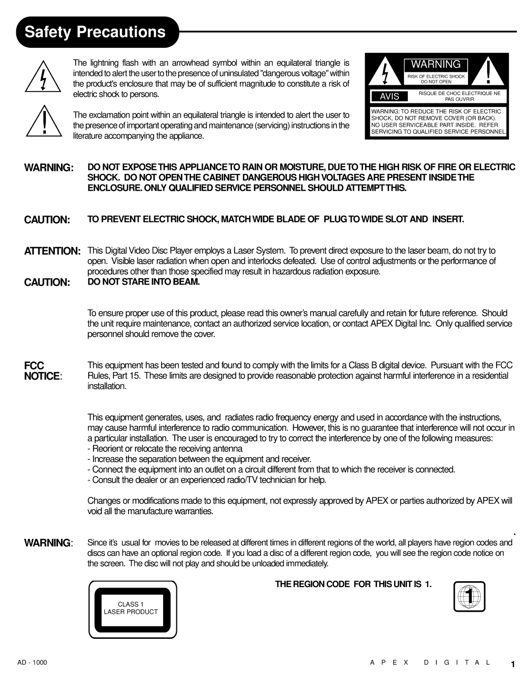 Apex Digital AD - 1000 user service Safety Precautions, Fcc 