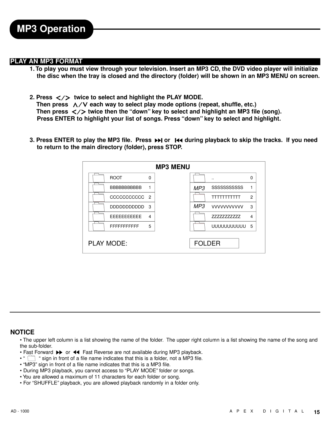 Apex Digital AD - 1000 user service MP3 Operation, Play AN MP3 Format, MP3 Menu 