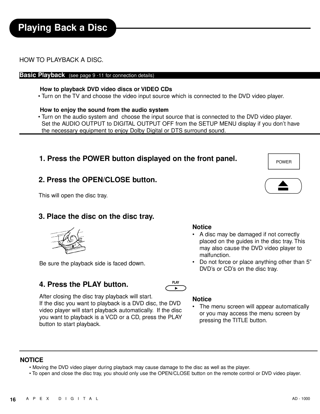 Apex Digital AD - 1000 user service Playing Back a Disc, How to playback DVD video discs or Video CDs 