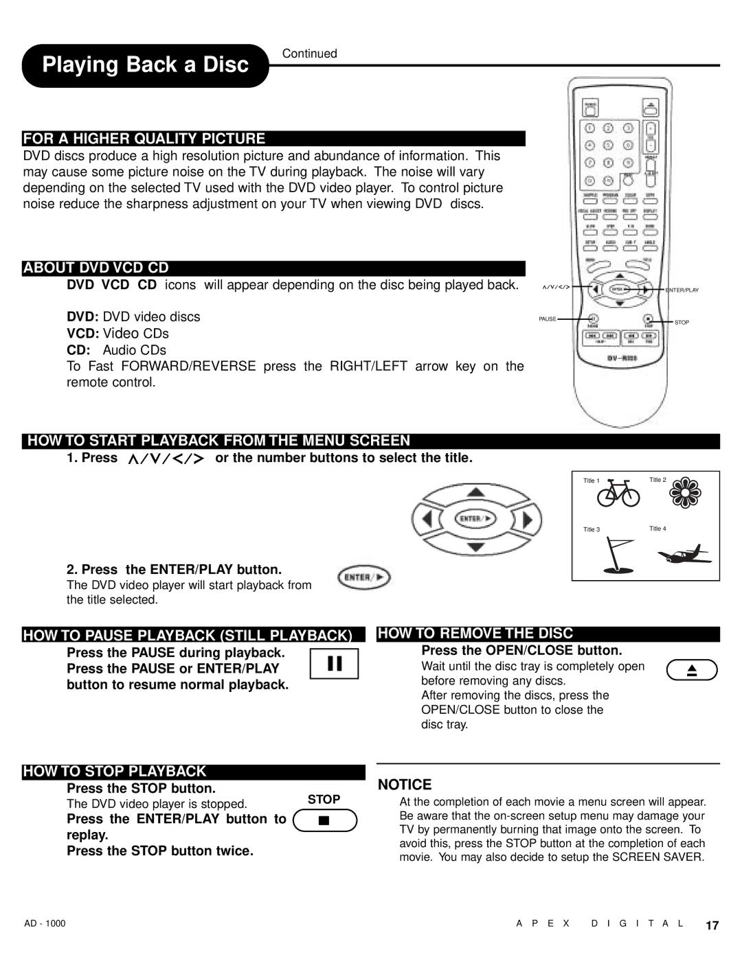 Apex Digital AD - 1000 For a Higher Quality Picture, About DVD VCD CD, HOW to Start Playback from the Menu Screen 