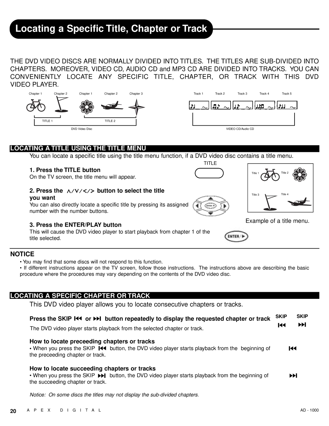 Apex Digital AD - 1000 user service Locating a Specific Title, Chapter or Track, Locating a Title Using the Title Menu 
