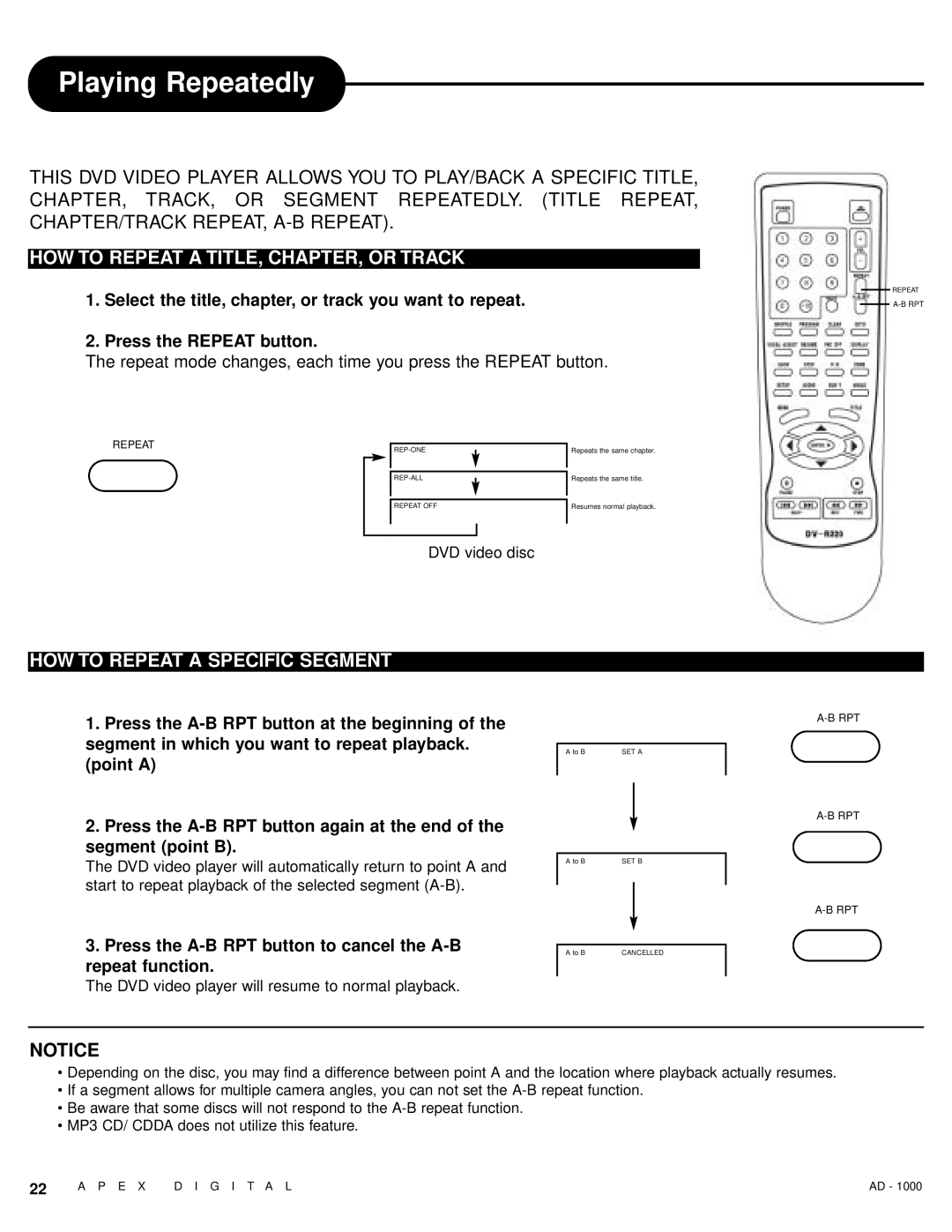 Apex Digital AD - 1000 Playing Repeatedly, HOW to Repeat a TITLE, CHAPTER, or Track, HOW to Repeat a Specific Segment 