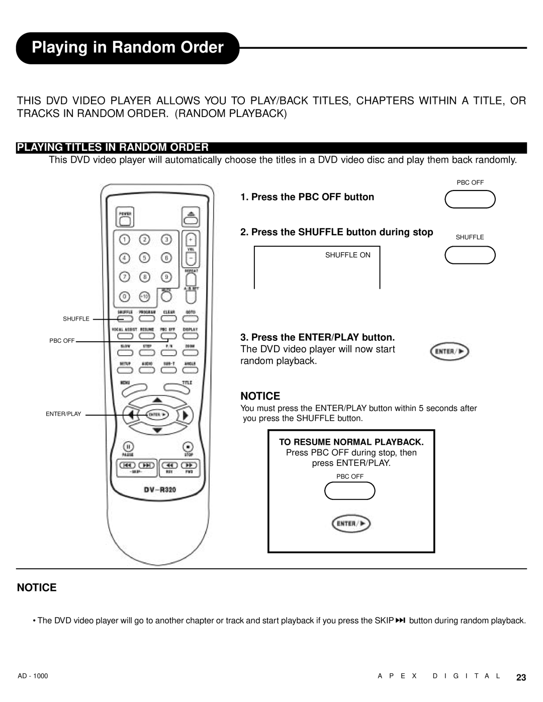 Apex Digital AD - 1000 user service Playing in Random Order, Playing Titles in Random Order 