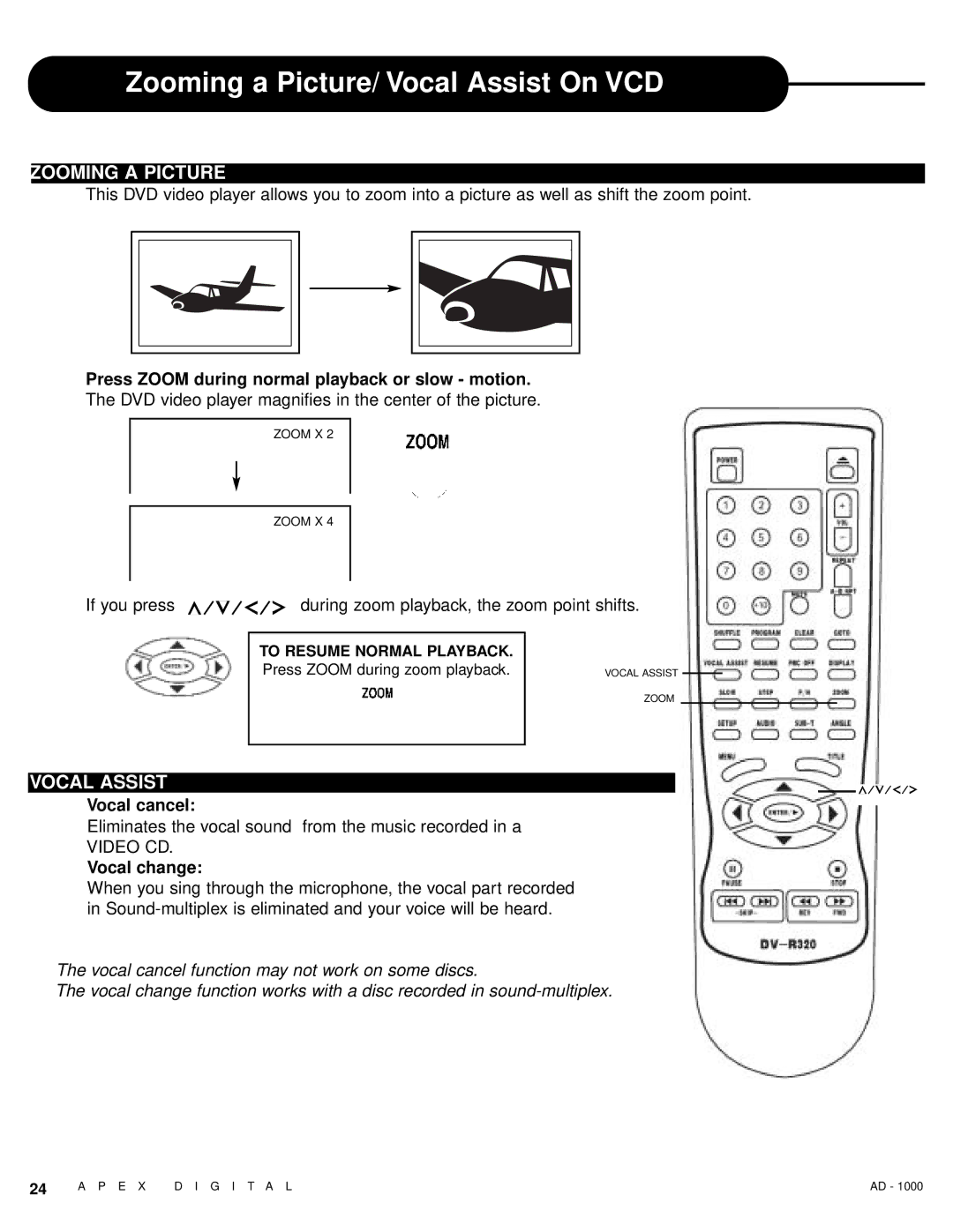 Apex Digital AD - 1000 user service Zooming a Picture/ Vocal Assist On VCD 