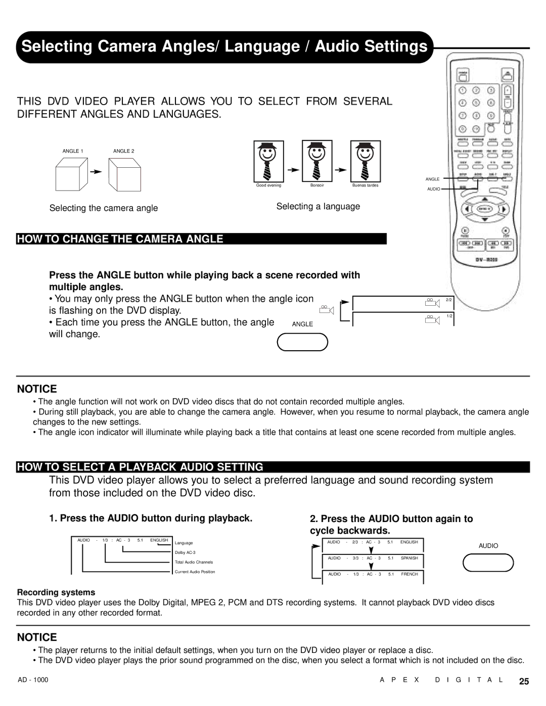 Apex Digital AD - 1000 user service Selecting Camera Angles/ Language / Audio Settings, HOW to Change the Camera Angle 