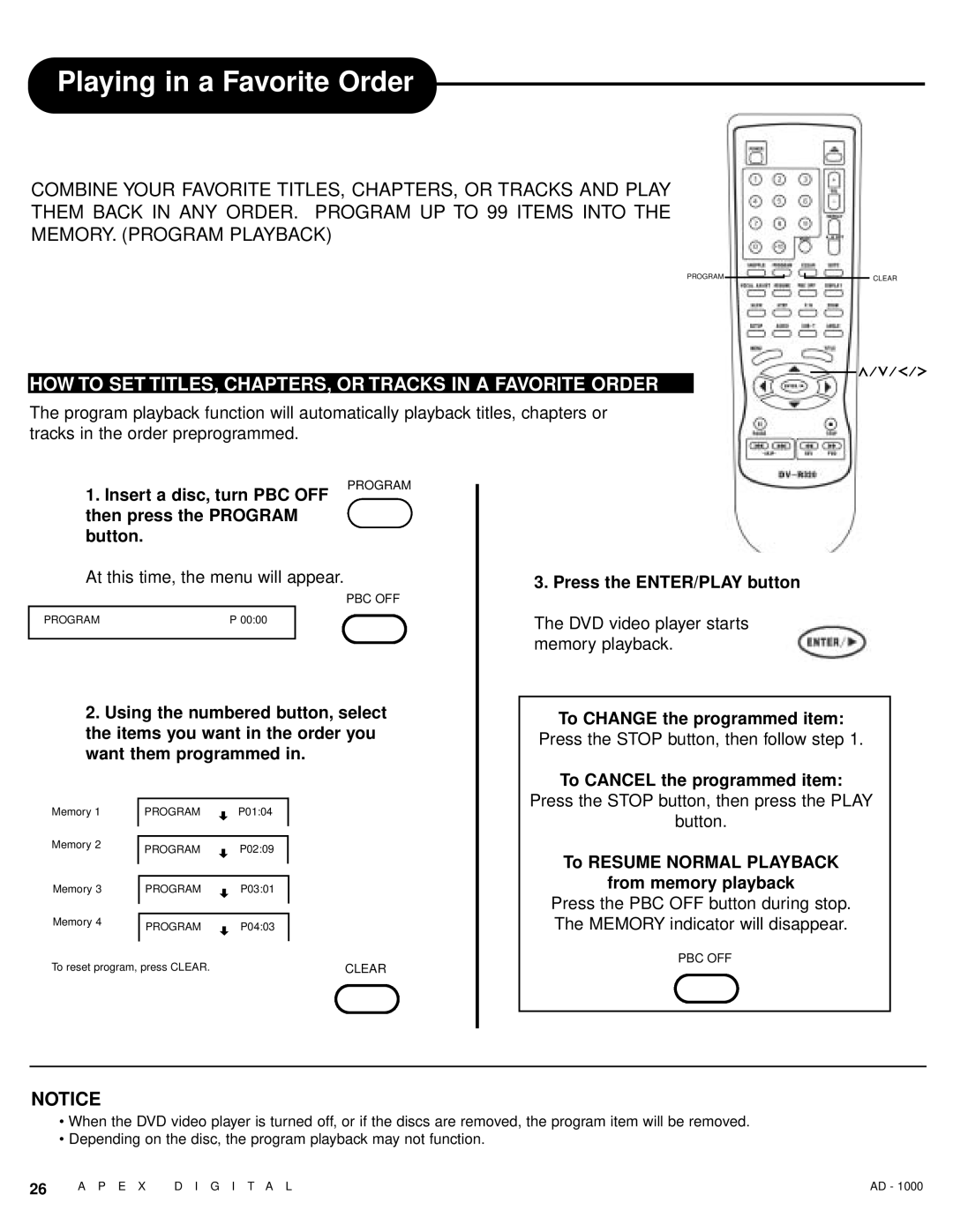 Apex Digital AD - 1000 user service Playing in a Favorite Order, HOW to SET TITLES, CHAPTERS, or Tracks in a Favorite Order 