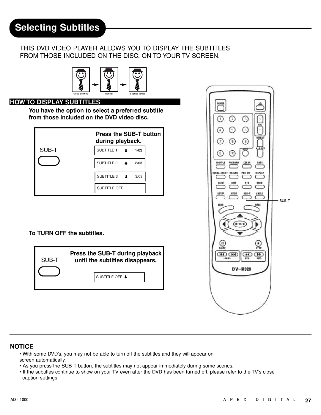 Apex Digital AD - 1000 user service Selecting Subtitles, HOW to Display Subtitles, Press the SUB-T button during playback 