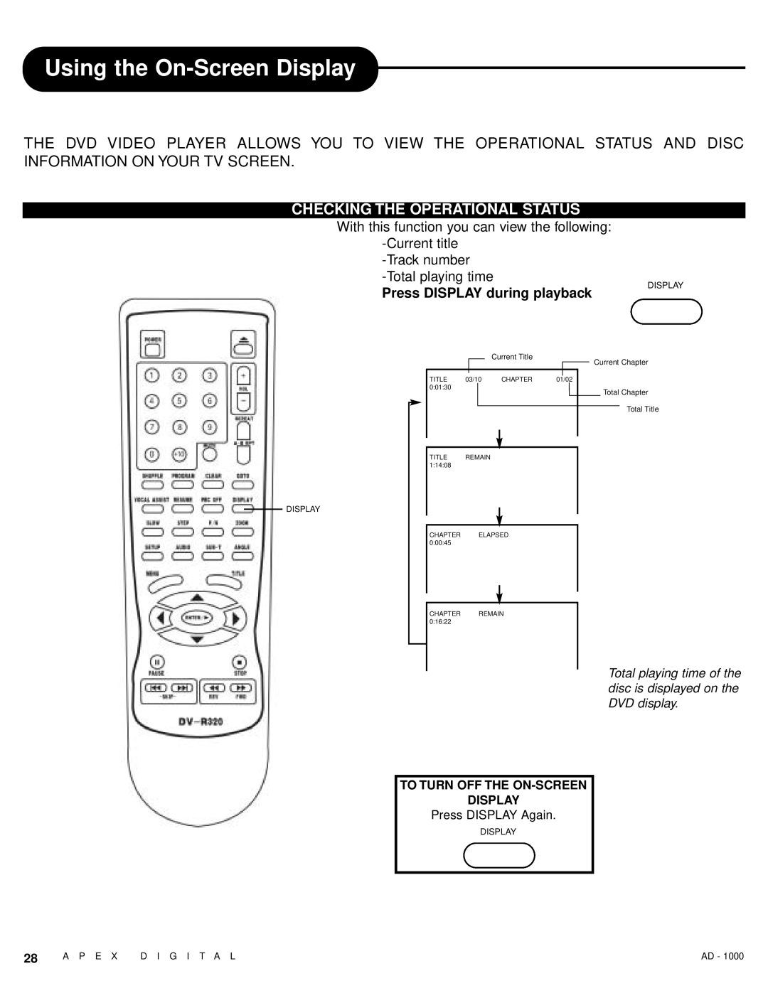 Apex Digital AD - 1000 Using the On-Screen Display, Checking the Operational Status, Press Display during playback 