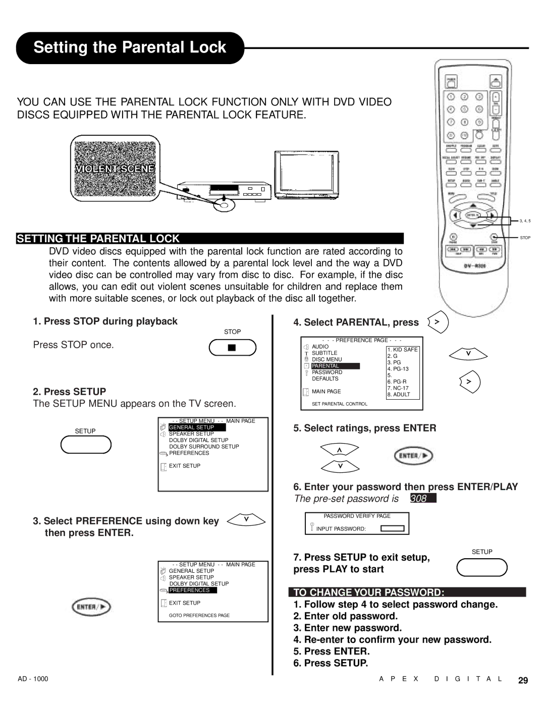 Apex Digital AD - 1000 user service Setting the Parental Lock, Press Setup to exit setup, press Play to start 