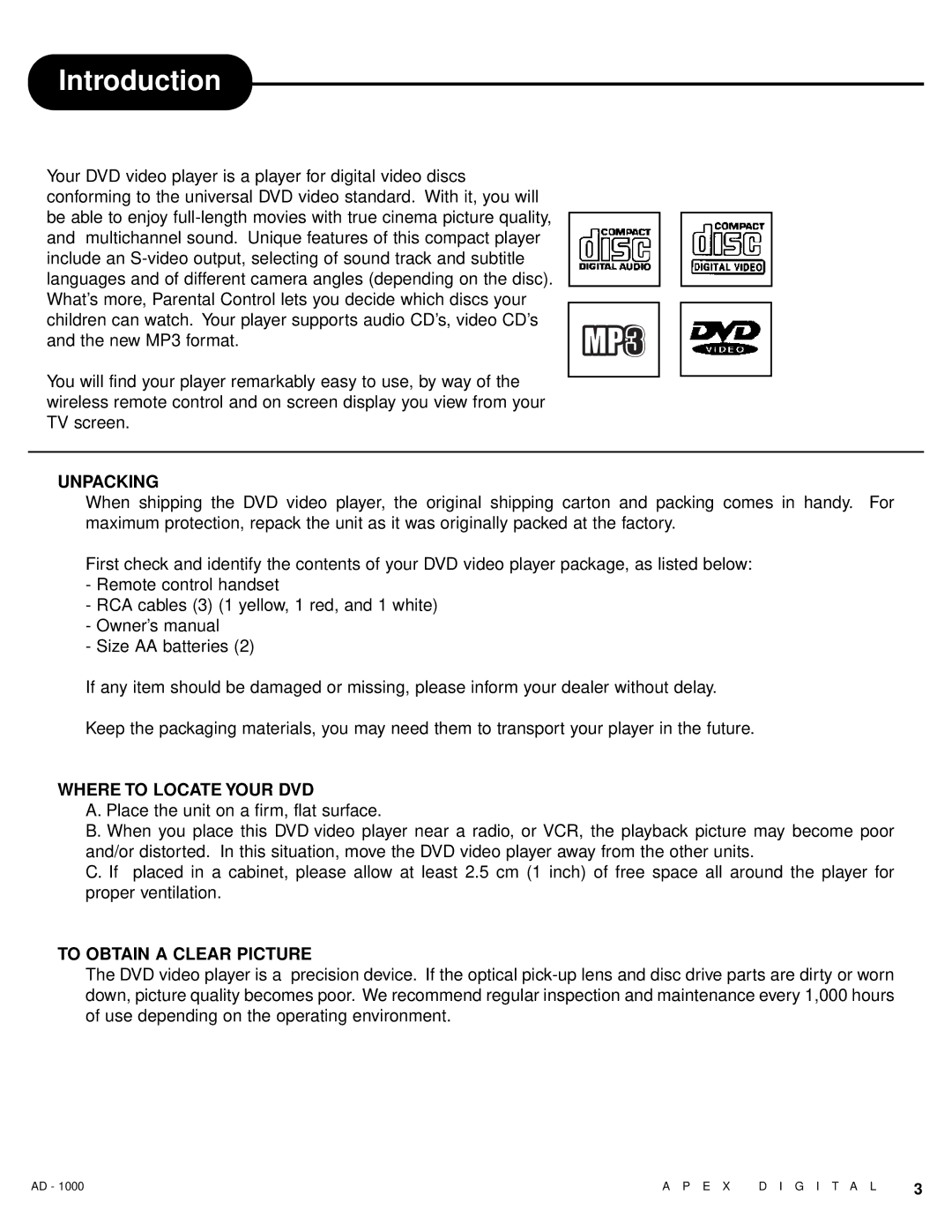 Apex Digital AD - 1000 user service Introduction, Unpacking 