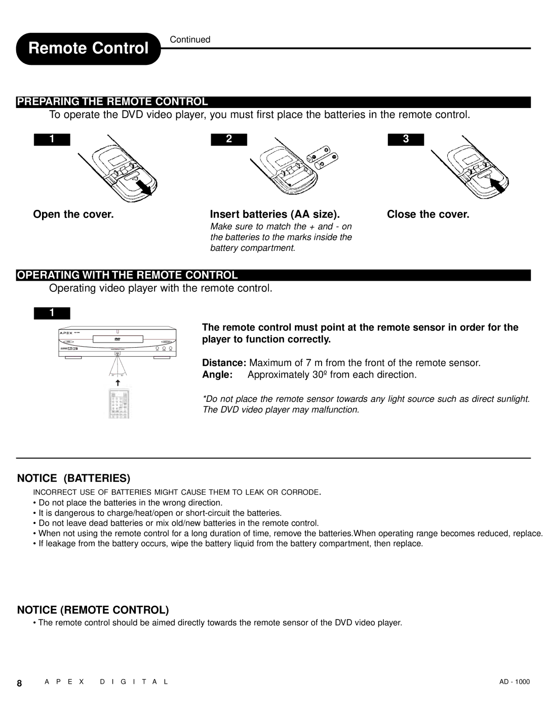 Apex Digital AD - 1000 user service Preparing the Remote Control, Operating with the Remote Control 
