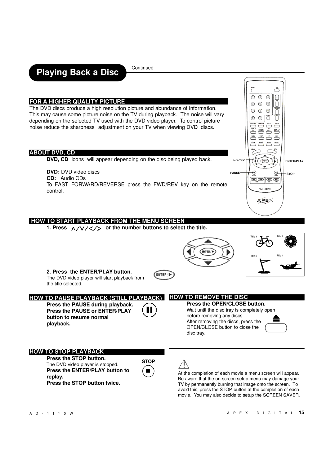 Apex Digital AD-1110W For a Higher Quality Picture, About DVD, CD, HOW to Start Playback from the Menu Screen 