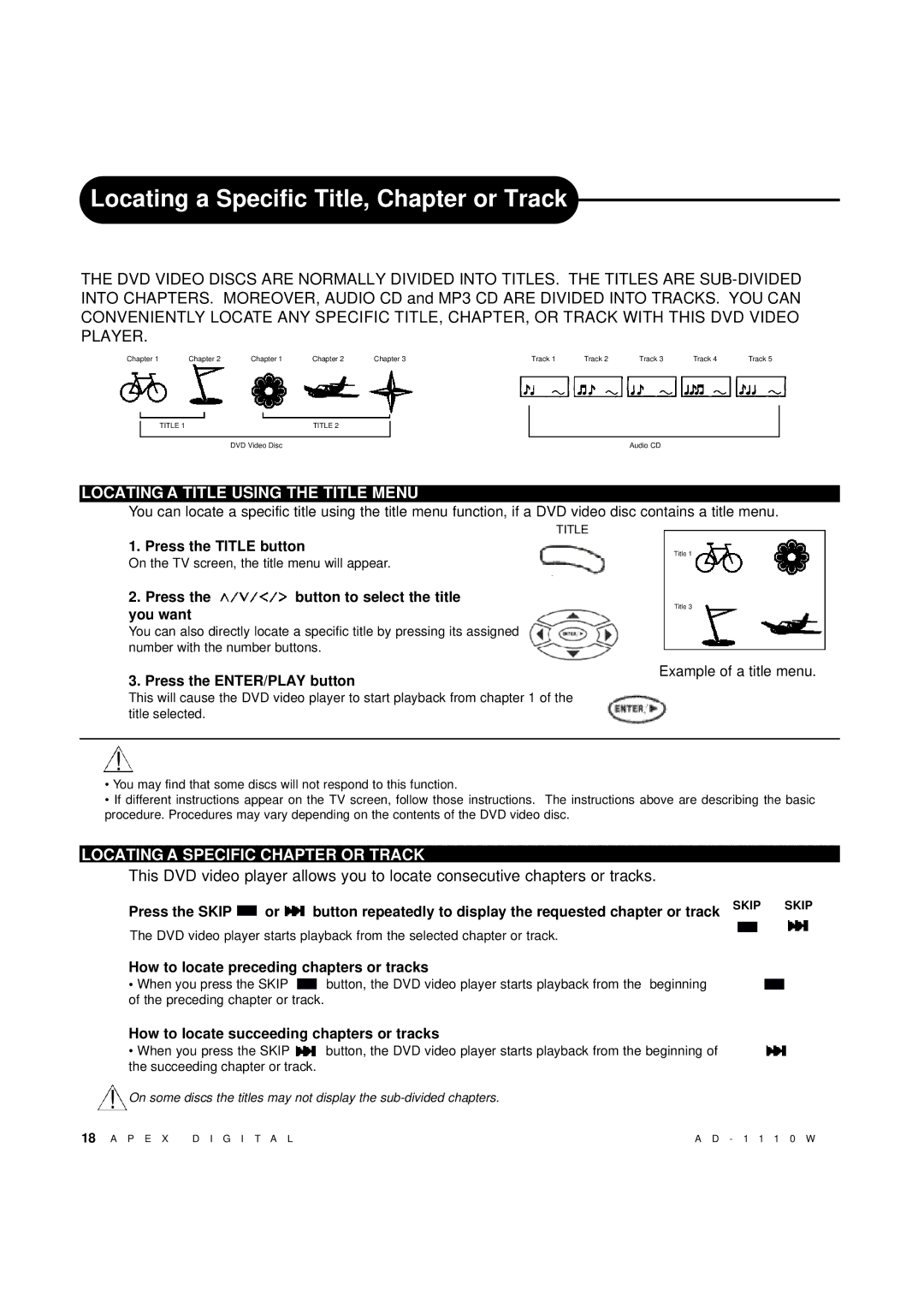 Apex Digital AD-1110W Locating a Specific Title, Chapter or Track, Locating a Title Using the Title Menu 