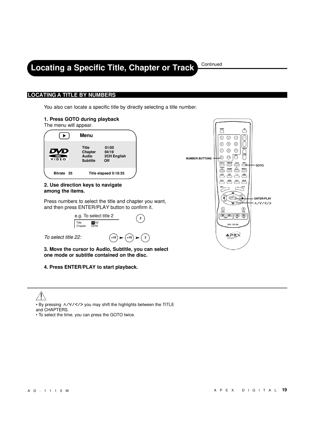 Apex Digital AD-1110W Locating a Title by Numbers, Press Goto during playback The menu will appear Menu 