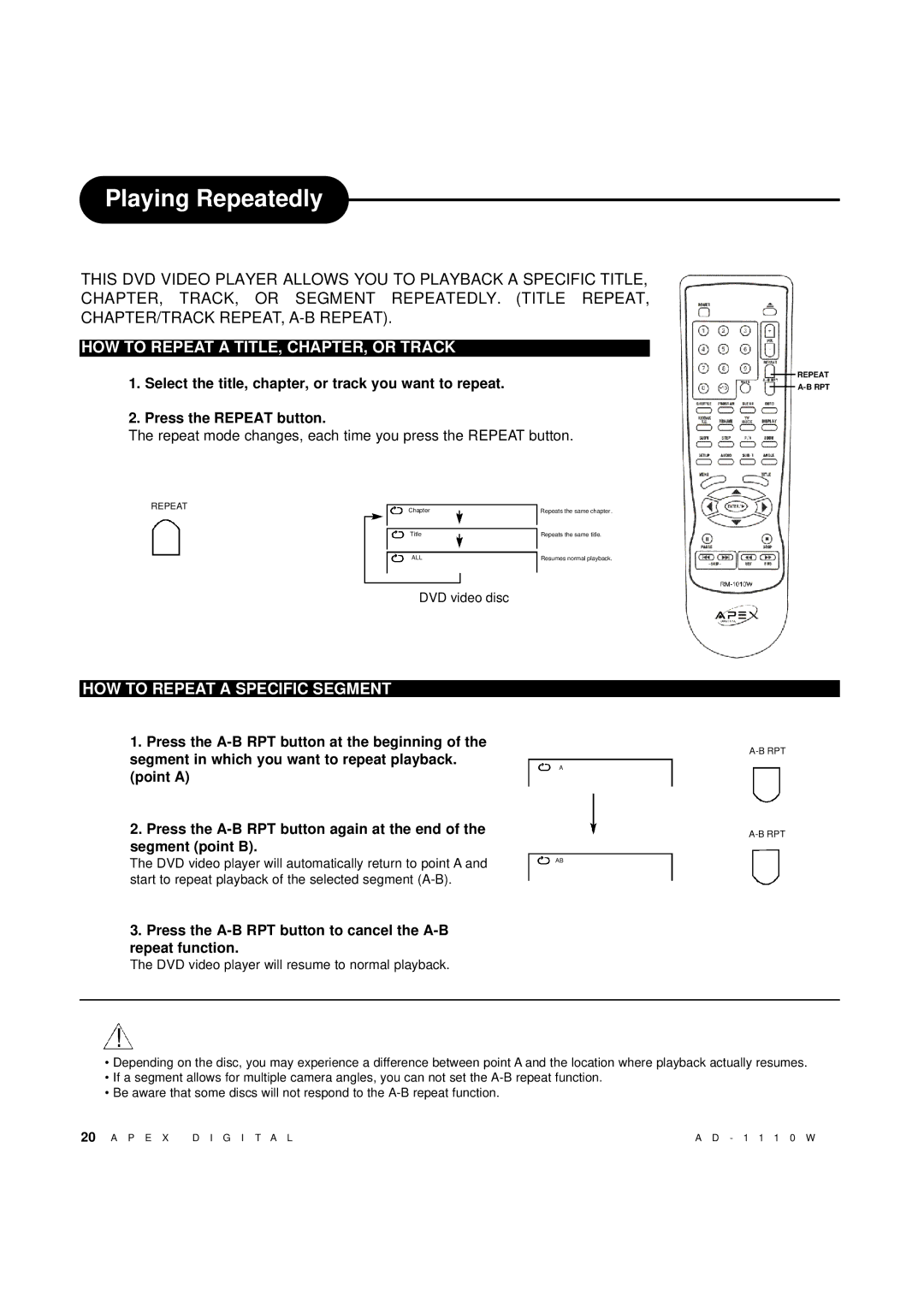 Apex Digital AD-1110W Playing Repeatedly, HOW to Repeat a TITLE, CHAPTER, or Track, HOW to Repeat a Specific Segment 