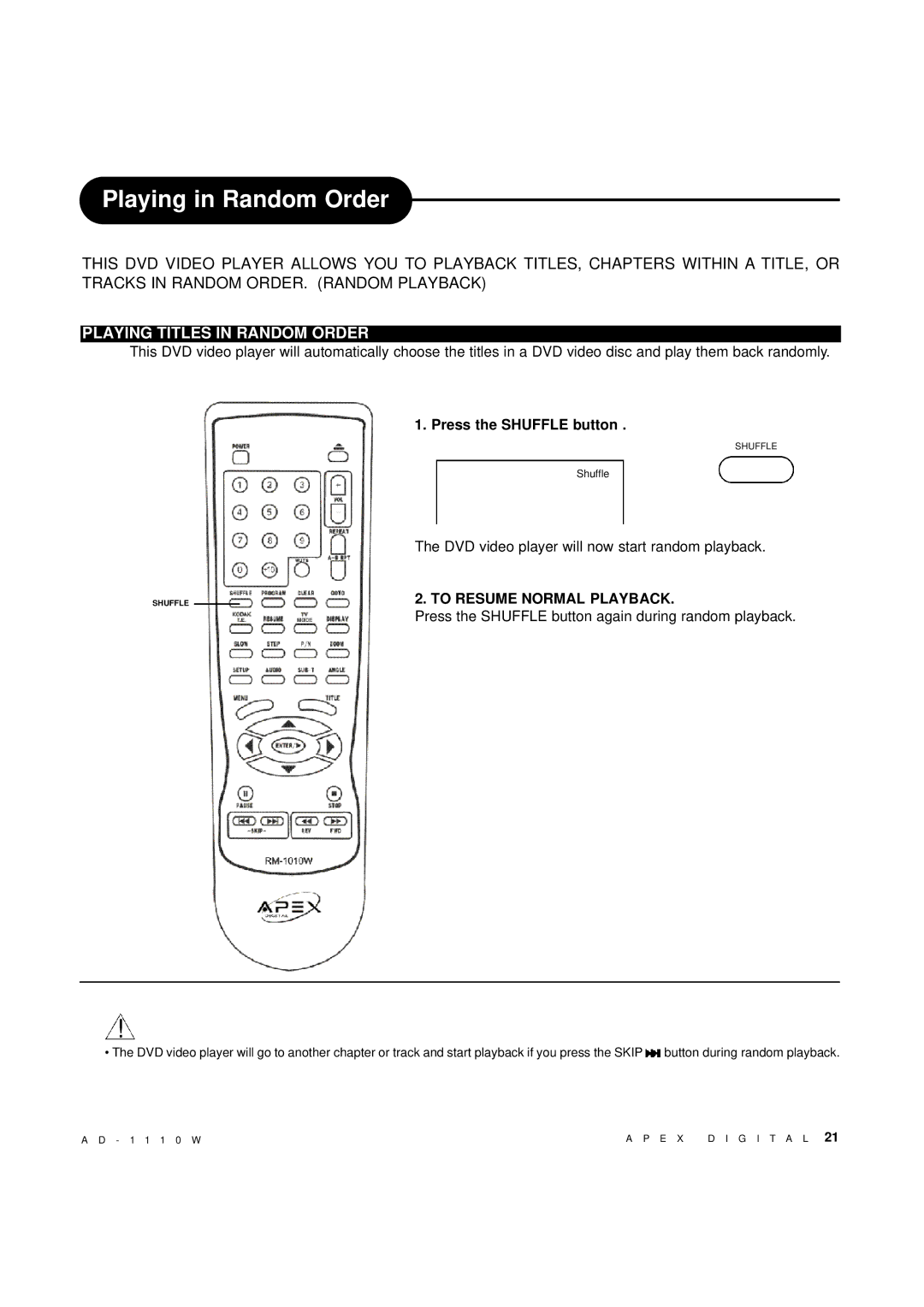 Apex Digital AD-1110W Playing in Random Order, Playing Titles in Random Order, Press the Shuffle button 