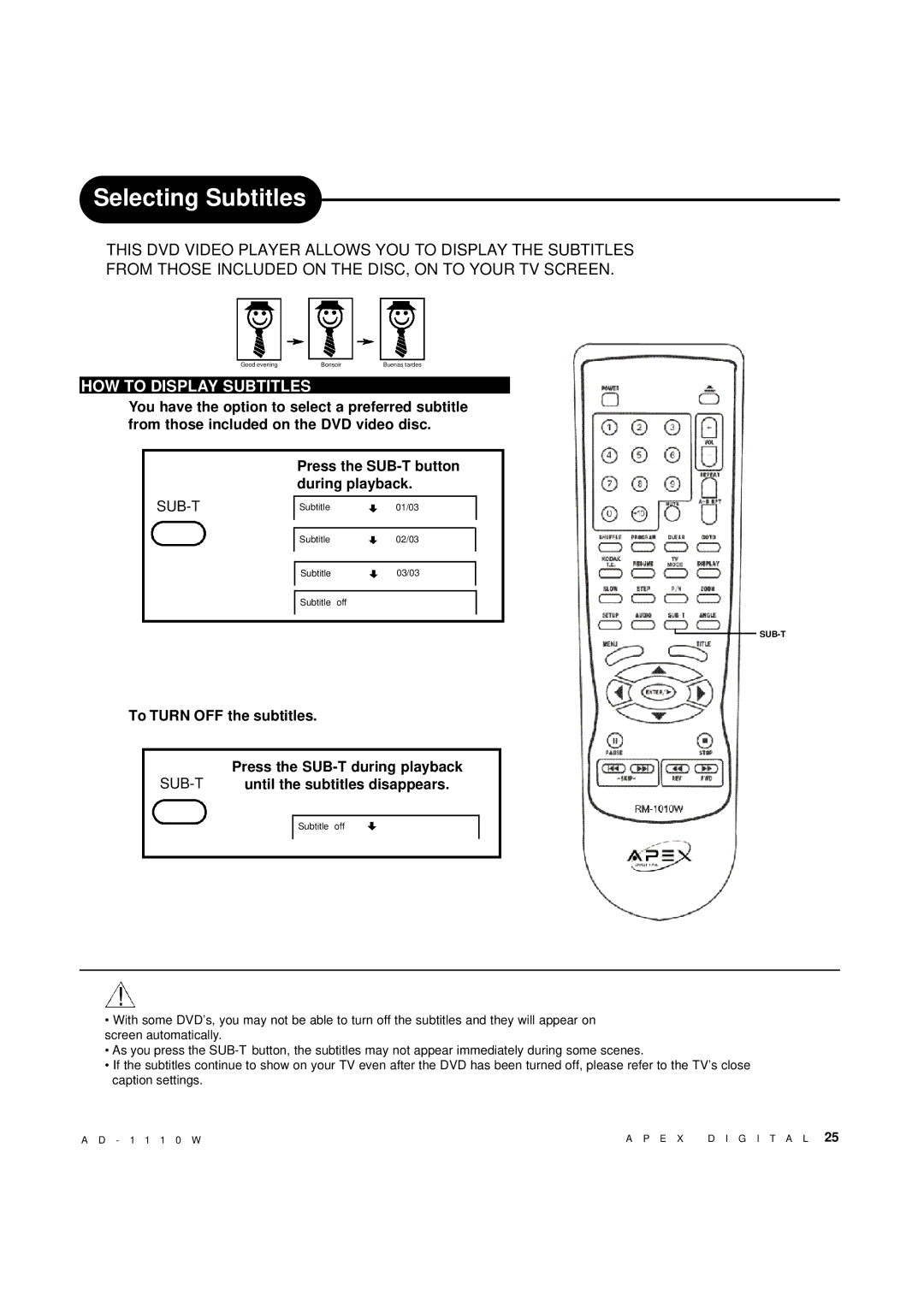 Apex Digital AD-1110W Selecting Subtitles, HOW to Display Subtitles, Press the SUB-T button during playback 