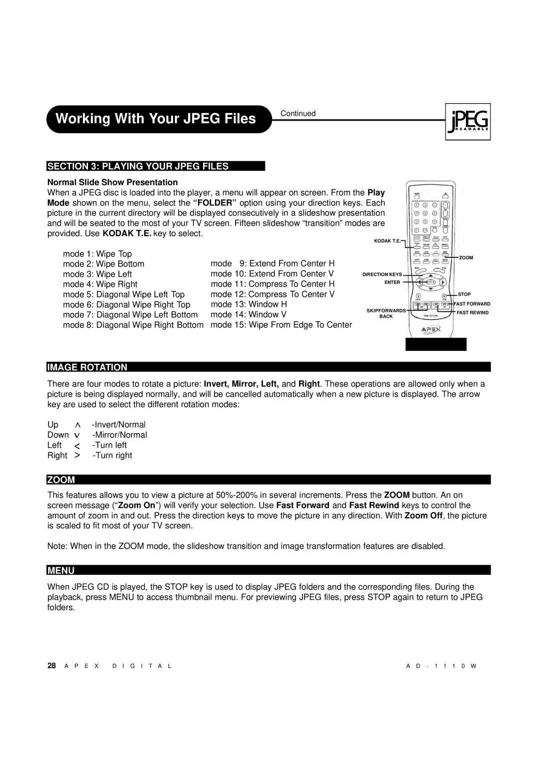 Apex Digital AD-1110W operating instructions Playing Your Jpeg Files, Zoom, Normal Slide Show Presentation 